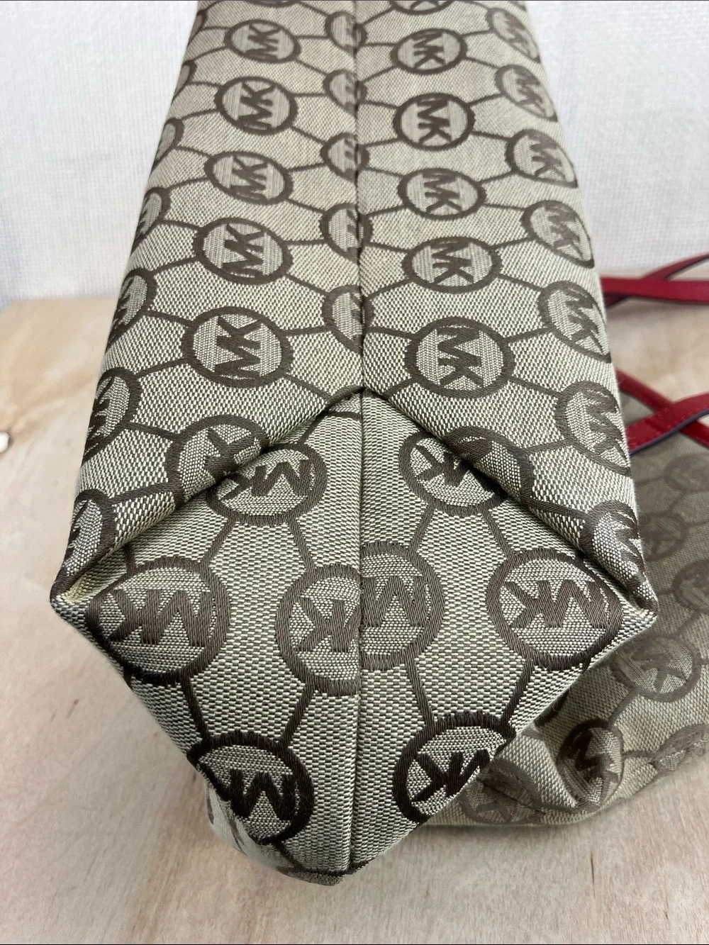Michael Kors Montauk Large Tote Bag Beige Monogram Red Leather Trim